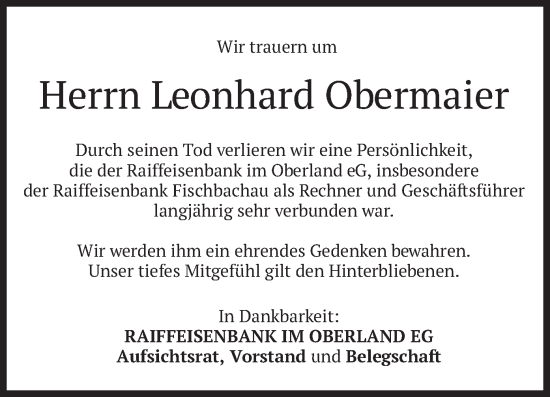 Todesanzeige von Leonhard Obermaier von merkurtz