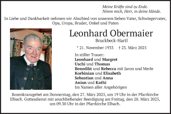 Todesanzeige von Leonhard Obermaier von merkurtz
