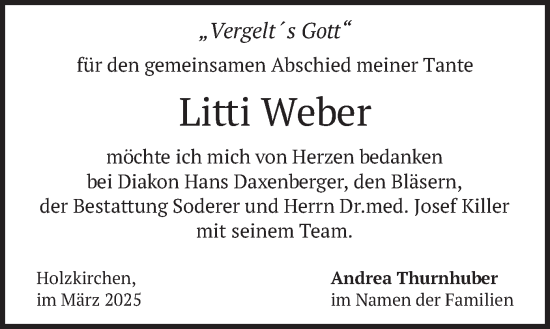 Todesanzeige von Litti Weber von merkurtz