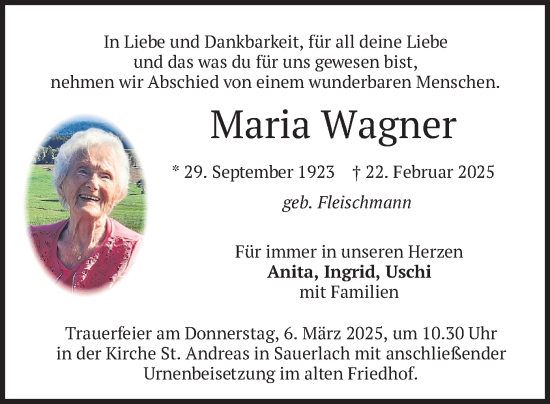 Todesanzeige von Maria Wagner von merkurtz