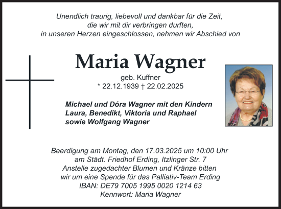 Todesanzeige von Maria Wagner von merkurtz