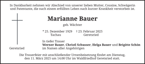 Todesanzeige von Marianne Bauer von merkurtz