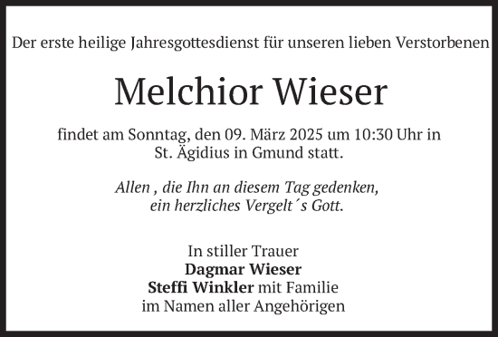 Todesanzeige von Melchior Wieser von merkurtz