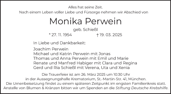 Todesanzeige von Monika Perwein von merkurtz