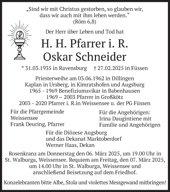 Todesanzeige von Oskar Schneider von merkurtz