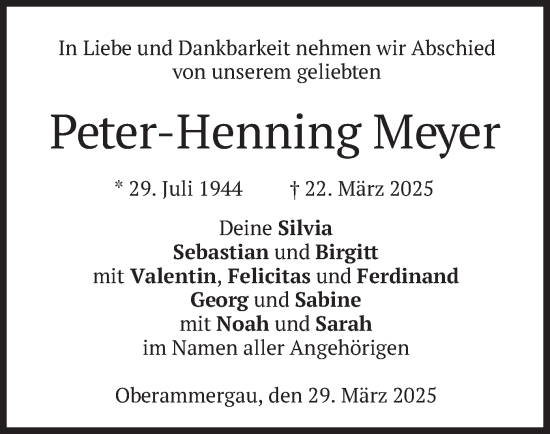 Todesanzeige von Peter-Henning Meyer von merkurtz
