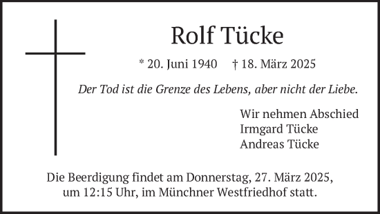 Todesanzeige von Rolf Tücke von merkurtz