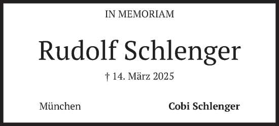Todesanzeige von Rudolf Schlenger von merkurtz