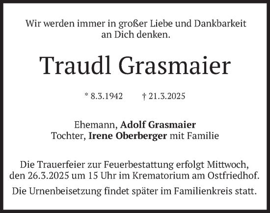 Todesanzeige von Traudl Grasmaier von merkurtz