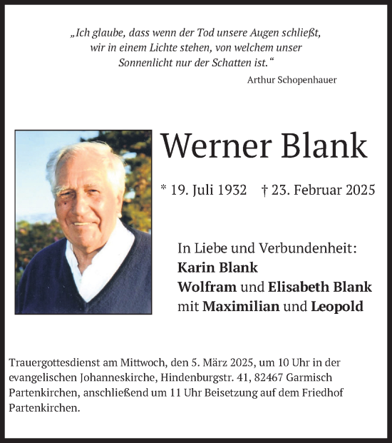 Todesanzeige von Werner Blank von merkurtz
