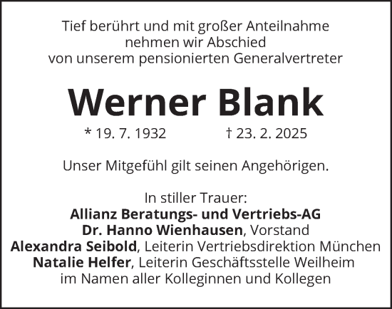 Todesanzeige von Werner Blank von merkurtz