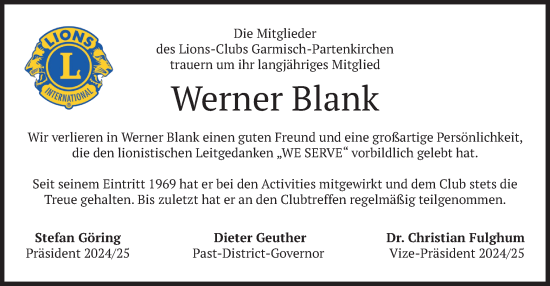 Todesanzeige von Werner Blank von merkurtz