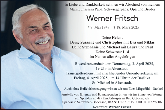 Todesanzeige von Werner Fritsch von merkurtz
