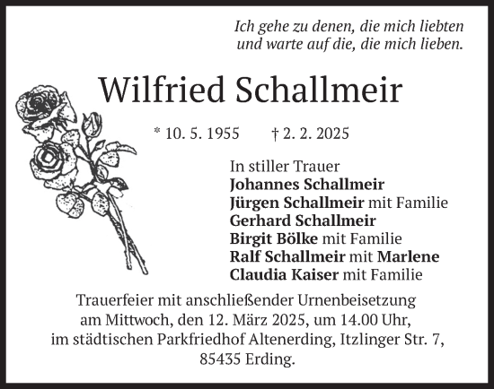 Todesanzeige von Wilfried Schallmeir von merkurtz