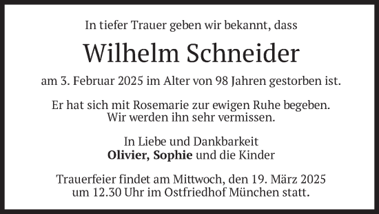 Todesanzeige von Wilhelm Schneider von merkurtz
