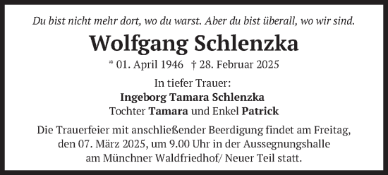 Todesanzeige von Wolfgang Schlenzka von merkurtz