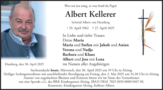 Todesanzeige von Albert Kellerer von merkurtz