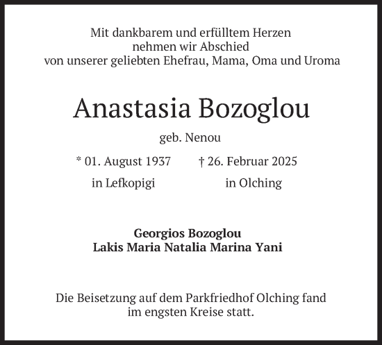 Todesanzeige von Anastasia Bozoglou von merkurtz
