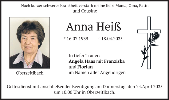 Todesanzeige von Anna Heiß von merkurtz