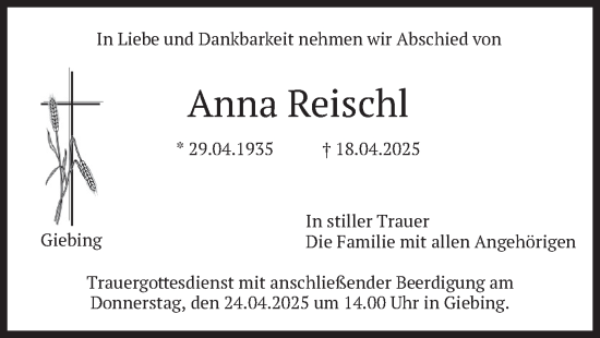 Todesanzeige von Anna Reischl von merkurtz