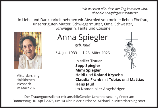 Todesanzeige von Anna Spiegler von merkurtz