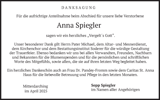 Todesanzeige von Anna Spiegler von merkurtz