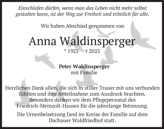 Todesanzeige von Anna Waldinsperger von merkurtz