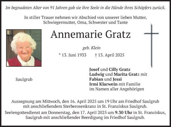 Todesanzeige von Annemarie Gratz von merkurtz