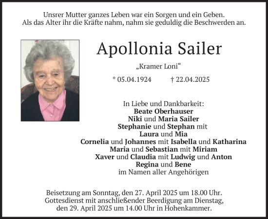 Todesanzeige von Apollonia Sailer von merkurtz