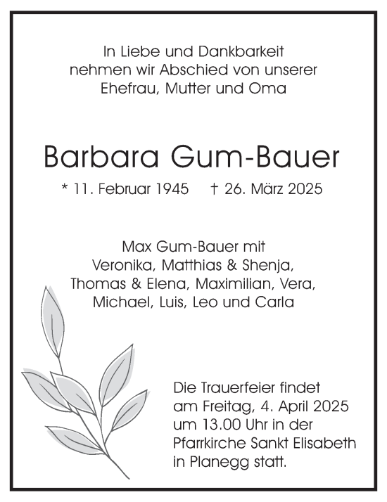 Todesanzeige von Barbara Gum-Bauer von merkurtz