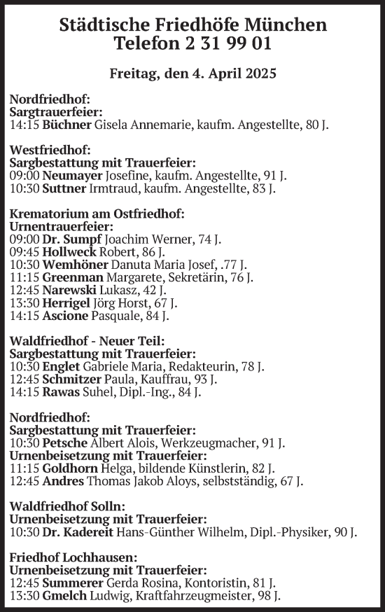 Todesanzeige von Bestattungen vom 04.04.2025 von merkurtz