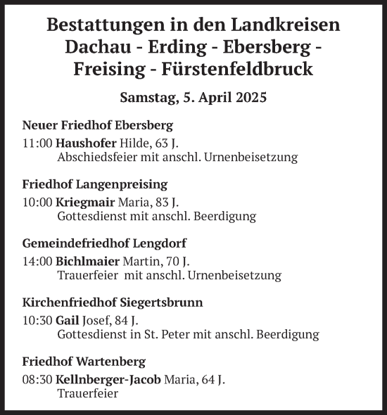 Todesanzeige von Bestattungen vom 05.04.2025 von merkurtz