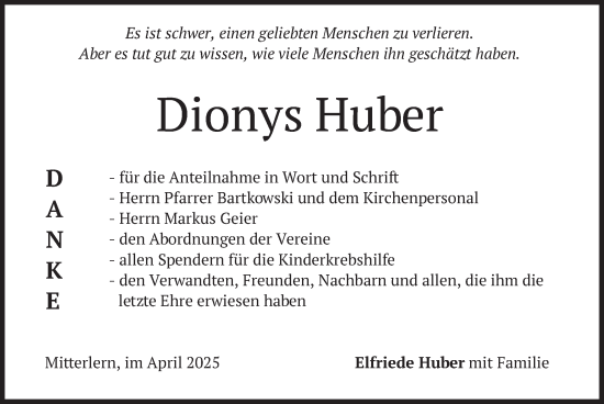 Todesanzeige von Dionys Huber von merkurtz