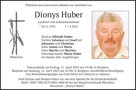 Todesanzeige von Dionys Huber von merkurtz