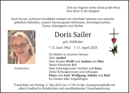 Todesanzeige von Doris Sailer von merkurtz