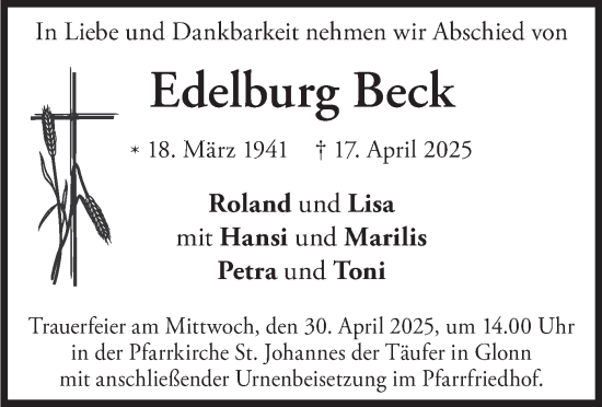 Todesanzeige von Edelburg Beck von merkurtz