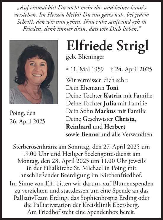 Todesanzeige von Elfriede Strigl von merkurtz