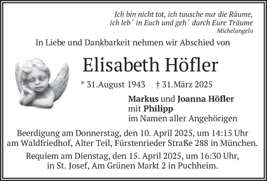 Todesanzeige von Elisabeth Höfler von merkurtz