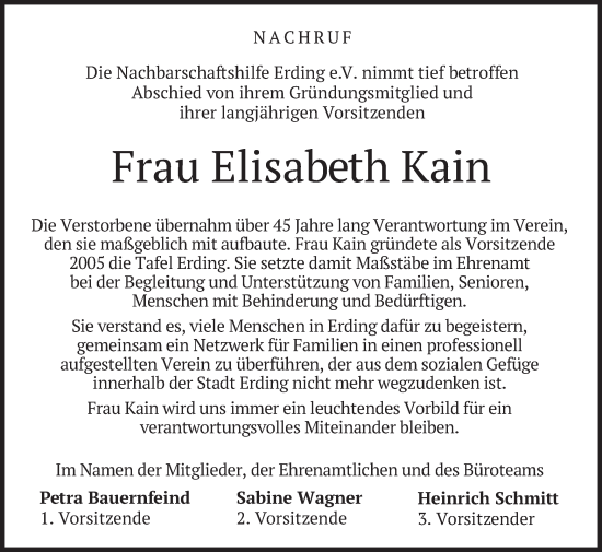 Todesanzeige von Elisabeth Kain von merkurtz