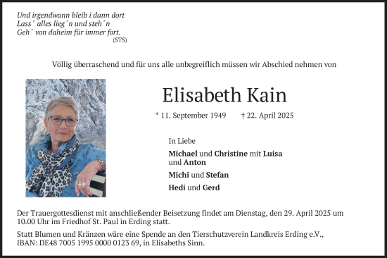 Todesanzeige von Elisabeth Kain von merkurtz