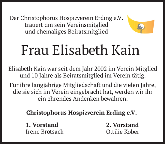 Todesanzeige von Elisabeth Kain von merkurtz