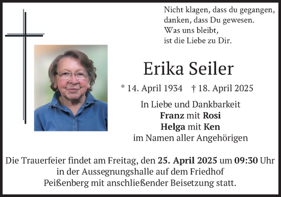 Todesanzeige von Erika Seiler von merkurtz
