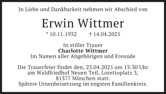 Todesanzeige von Erwin Wittmer von merkurtz