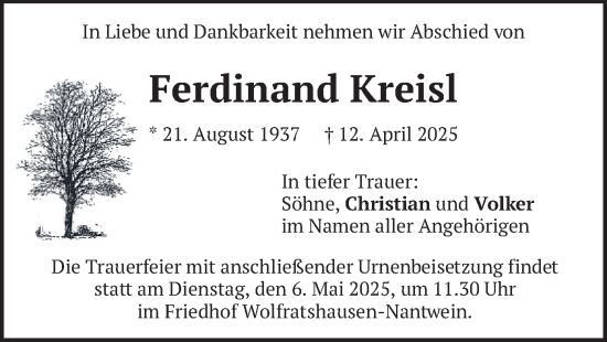 Todesanzeige von Ferdinand Kreisl von merkurtz
