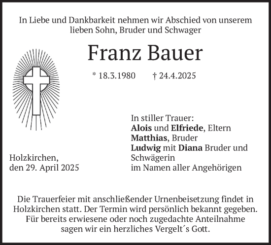 Todesanzeige von Franz Bauer von merkurtz