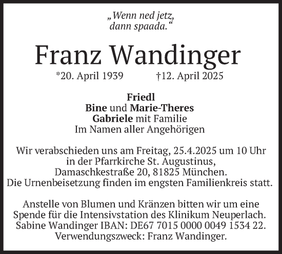 Todesanzeige von Franz Wandinger von merkurtz