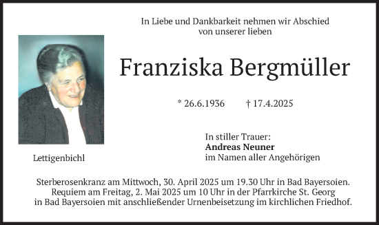 Todesanzeige von Franziska Bergmüller von merkurtz