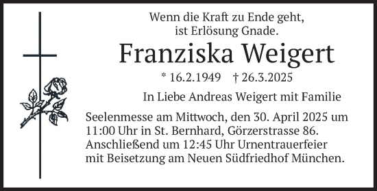 Todesanzeige von Franziska Weigert von merkurtz