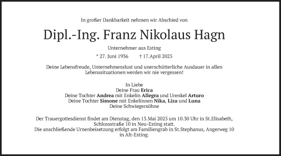 Todesanzeige von Franz Nikolaus Hagn von merkurtz