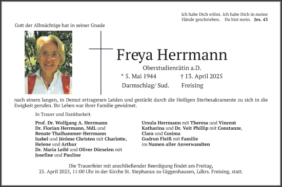 Todesanzeige von Freya Herrmann von merkurtz